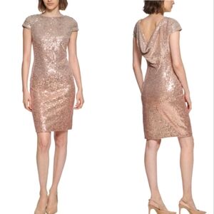 Nwt Calvin Klein Peach Ombre Sequin Cap Sleeve,Boatneck,Draped Back Party Dress